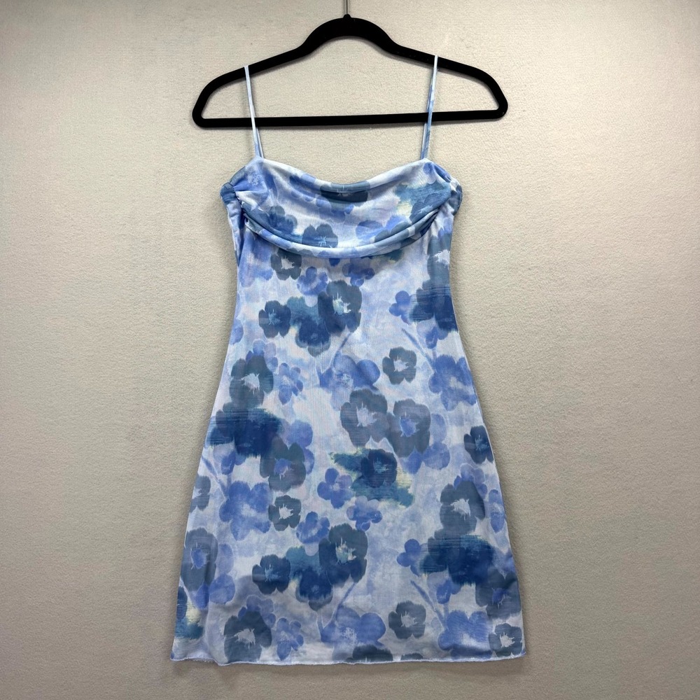 See You Monday Slip Mini Dress Women Medium Blue Floral Mesh Cowl Neck Sleepwear